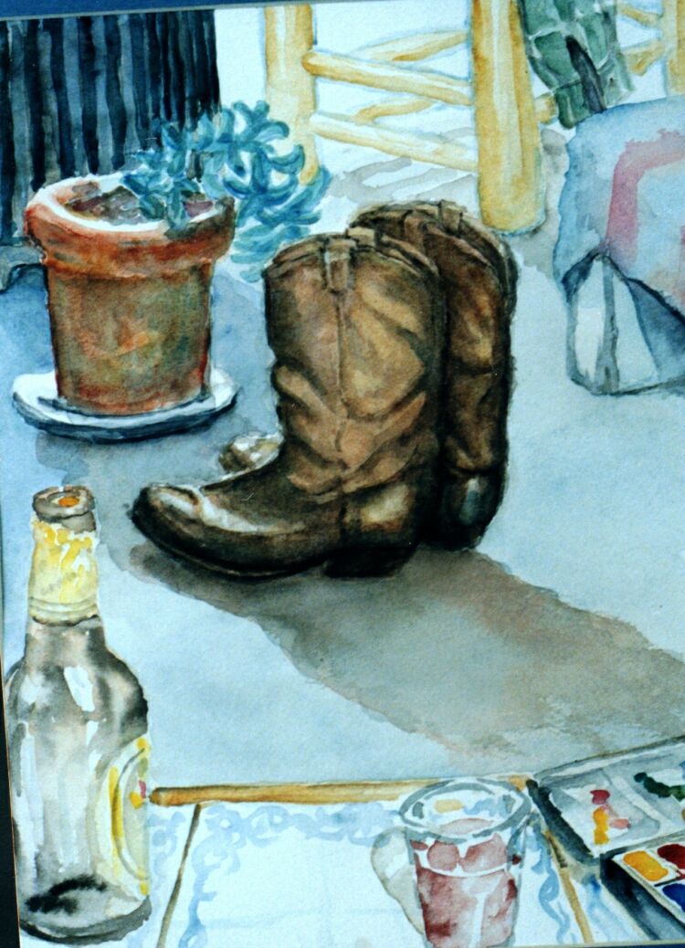 Watercolour. Cowboy boots. 40 x 25 cm 